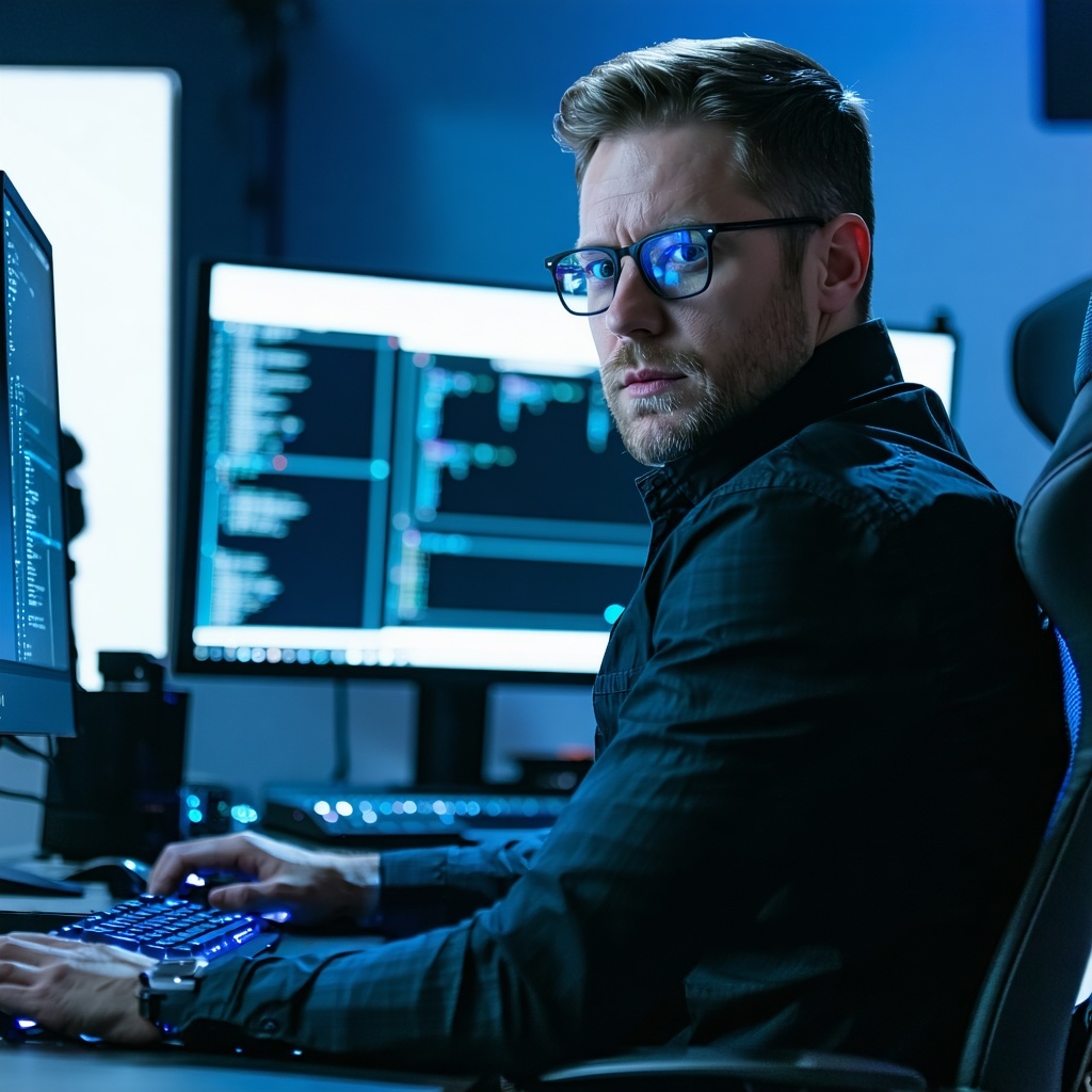a male cybersecurity analyst in regular clothes